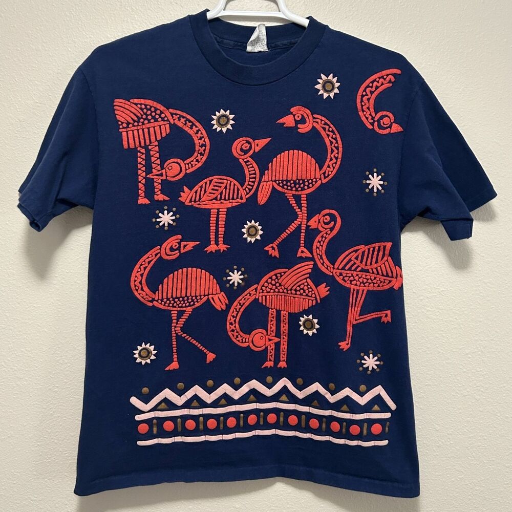 Vintage 90s Ezl Ostrich Puff Print T-Shirt Navy Blue Made in USA One